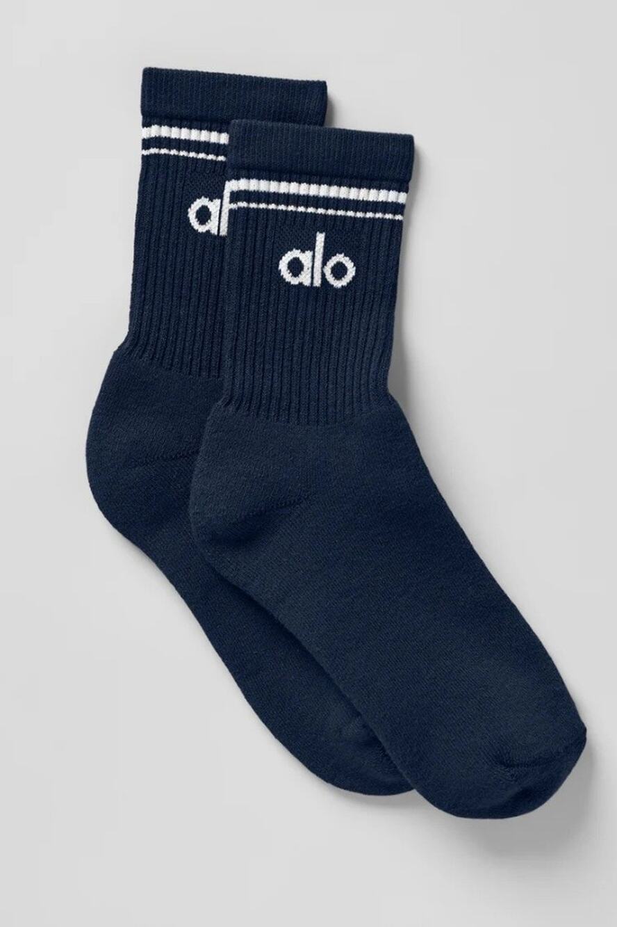 Alo Yoga Unisex Half-Crew Throwback Socks Navy Blue / White Size Medium NWT $34